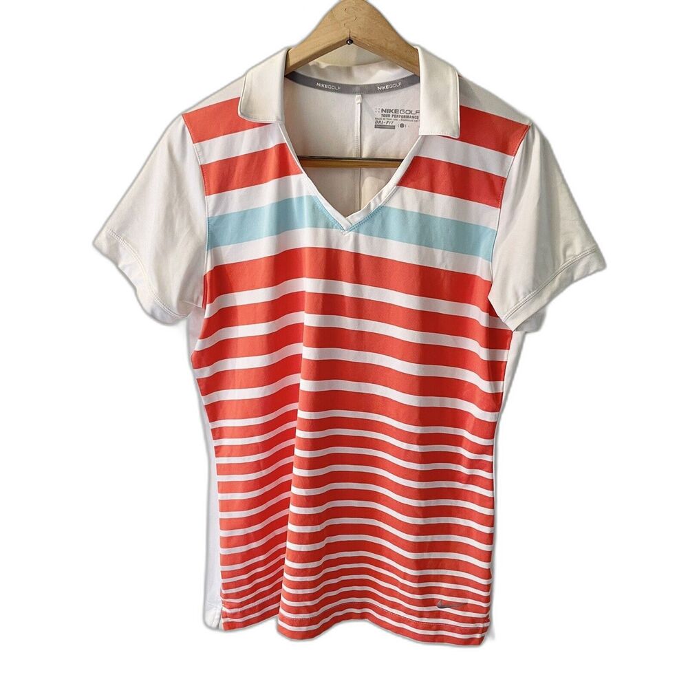 Nike Golf Womens V-Neck Polo LARGE White Coral Red Blue Stripes Dri Fit Athletic